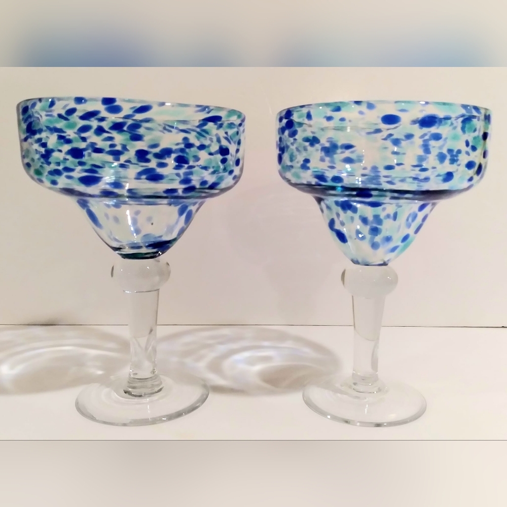 Blue Speckled Blown Glass Margarita Glass Set
